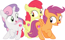Size: 6089x3746 | Tagged: safe, artist:shootingstarsentry, edit, editor:slayerbvc, vector edit, apple bloom, scootaloo, sweetie belle, earth pony, pegasus, pony, unicorn, g4, surf and/or turf, absurd resolution, accessory-less edit, cute, cutie mark, cutie mark crusaders, female, filly, missing accessory, open mouth, simple background, the cmc's cutie marks, transparent background, trio, vector