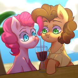 Size: 680x680 | Tagged: safe, artist:nocturne1113, cheese sandwich, pinkie pie, earth pony, pony, g4, beach, female, male, sharing a drink, ship:cheesepie, shipping, straight, straw