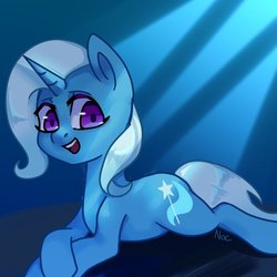 Size: 680x680 | Tagged: safe, artist:nocturne1113, trixie, pony, unicorn, g4, crossed hooves, female, happy, looking at you, mare, prone, purple eyes, solo