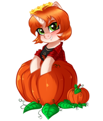 Size: 3384x3992 | Tagged: safe, artist:vetta, oc, oc only, oc:etoz, pony, unicorn, blushing, clothes, commission, crown, cute, fangs, female, halloween, happy, happy halloween, high res, holiday, horn, jewelry, mare, pumpkin, regalia, shirt, smiling, solo, t-shirt, ych result