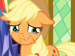 Size: 1008x762 | Tagged: safe, screencap, applejack, rainbow dash, earth pony, pegasus, pony, g4, the last problem, applejack's hat, cowboy hat, cropped, crying, crying on the outside, duo, duo female, faic, female, floppy ears, frown, hat, lip bite, mare, offscreen character, solo focus, twilight's castle, wavy mouth