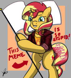 Size: 550x600 | Tagged: safe, artist:thedrizzle404, edit, edited edit, editor:gamedevanon, sunset shimmer, pony, unicorn, g4, arrow, bipedal, choker, clothes, edit of an edit of an edit, female, flag, flag pole, grin, hoof hold, jacket, jewelry, leather jacket, looking at you, mare, meme, signature, smiling, solo, standing upright, text, this cat is gay and there's nothing you can do about it, white flag