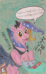 Size: 1572x2501 | Tagged: safe, artist:edhelistar, luster dawn, princess luna, pony, unicorn, g4, the last problem, bag, bipedal, candy, cardboard wings, clothes, costume, cute, dialogue, fake cutie mark, fake wings, female, food, hoof hold, hoof shoes, kanji, lollipop, looking at you, lusterbetes, mare, nightmare night, nightmare night costume, open mouth, post-it, signature, simple background, solo, speech bubble, tengwar, text, traditional art