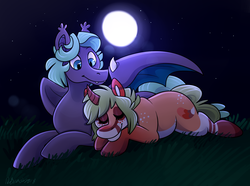 Size: 1272x944 | Tagged: safe, artist:beastofeuthanasia, oc, oc only, bat pony, pony, unicorn, bat pony oc, coat markings, commission, cutie mark, female, grass, male, mare, moon, night, one wing out, prone, sleeping, smiling, stallion, stars, straight, wing claws, wings