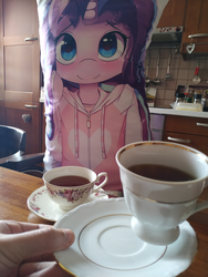 Size: 3024x4032 | Tagged: safe, artist:hoodie, starlight glimmer, pony, unicorn, g4, body pillow, cup, cute, food, glimmerbetes, irl, offscreen character, photo, pov, tea, teacup, waifu, waifu dinner