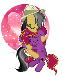 Size: 993x1205 | Tagged: safe, artist:mintoria, daring do, oc, oc:diamond-chi, pony, g4, canon x oc, cuddling, female, lesbian