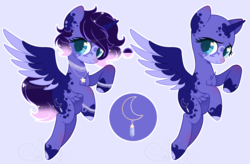 Size: 2752x1800 | Tagged: safe, artist:sh3llysh00, oc, oc only, oc:crystal moon, alicorn, pony, blue background, ethereal mane, female, magical lesbian spawn, mare, offspring, parent:fluttershy, parent:princess luna, parents:lunashy, reference sheet, simple background, solo, starry mane