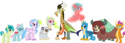 Size: 4063x1409 | Tagged: safe, artist:shadymeadow, gallus, ocellus, sandbar, silverstream, smolder, yona, oc, oc:graveyard grim, oc:plasma stream, oc:screech, draconequus, ghost, pony, robot, robot pony, g4, simple background, student six, transparent background