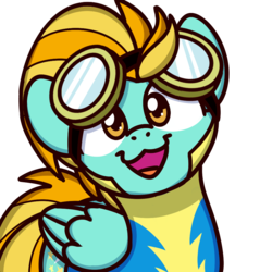 Size: 1000x1000 | Tagged: safe, alternate version, artist:sugar morning, lightning dust, pegasus, pony, g4, :3, bust, clothes, cute, dustabetes, female, goggles, looking at you, mare, open mouth, simple background, smiling, solo, sugar morning's smiling ponies, transparent background, uniform, wonderbolt trainee uniform