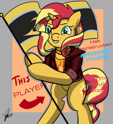 Size: 550x600 | Tagged: safe, artist:thedrizzle404, edit, edited edit, sunset shimmer, pony, unicorn, g4, clothes, female, flag, gamer sunset, jacket, leather jacket, mare, meme, standing upright, starcraft, this cat is gay and there's nothing you can do about it