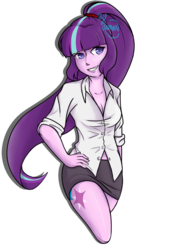 Size: 900x1286 | Tagged: safe, artist:helithusvy, starlight glimmer, human, g4, breasts, cleavage, clothes, female, humanized, miniskirt, ponytail, shirt, skirt, solo, stupid sexy starlight glimmer, thighs