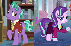 Size: 704x455 | Tagged: safe, edit, screencap, firelight, starlight glimmer, pony, unicorn, g4, the last problem, the parent map, clothes, duo, female, headmare starlight, like father like daughter, like parent like child, male, mare, older starlight glimmer, stallion, suit