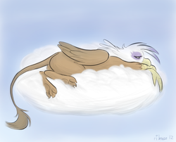 Size: 1024x826 | Tagged: safe, artist:ribnose, gilda, griffon, g4, cloud, female, lonely, lying down, lying on a cloud, on a cloud, paw pads, sad, solo