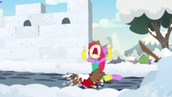 Size: 1920x1080 | Tagged: safe, screencap, apple bloom, winona, dog, equestria girls, equestria girls series, g4, holidays unwrapped, spoiler:eqg series (season 2), big no, female, nose in the air, open mouth, screaming, snow, snowball, snowball fight, wall, you know for kids