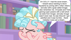 Size: 1280x720 | Tagged: safe, edit, edited screencap, screencap, cozy glow, pegasus, pony, g4, the ending of the end, what lies beneath, a better ending for cozy, all just a dream, crying, dream, female, filly, golly, meme, sad, solo, speech bubble