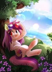 Size: 1280x1773 | Tagged: safe, artist:renokim, oc, oc only, oc:purple eye, pony, unicorn, deviantart watermark, flower, heterochromia, lens flare, obtrusive watermark, scenery, solo, tree, watermark