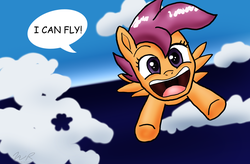 Size: 1833x1203 | Tagged: safe, artist:sonigoku, scootaloo, pegasus, pony, g4, happy birthday mlp:fim, irrational exuberance, mlp fim's ninth anniversary, scootaloo can fly, smiling, song reference