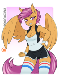 Size: 1280x1686 | Tagged: safe, artist:ambris, scootaloo, pegasus, anthro, adorasexy, blushing, breasts, busty scootaloo, cleavage, clothes, confident, cute, digital art, ear piercing, eyebrow piercing, eyeshadow, female, hand on hip, high socks, legs, looking at you, makeup, older, older scootaloo, open clothes, open shirt, patreon, patreon logo, piercing, reasonably sized breasts, sexy, shirt, shorts, smiling, socks, solo, sports shorts, sweatband, tail, tanktop, thigh highs, thighs, vest, wings, wristband, zettai ryouiki