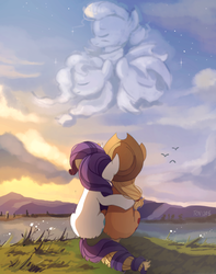 Size: 1500x1900 | Tagged: safe, artist:tcn1205, applejack, bright mac, granny smith, pear butter, rarity, earth pony, pony, unicorn, g4, the last problem, cloud, cute, female, intertwined tails, lesbian, mare, mountain, rear view, sad, sadorable, scenery, ship:rarijack, shipping, sitting, sky, stars, tail, water