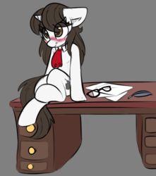 Size: 713x805 | Tagged: safe, artist:lockheart, raven, pony, unicorn, g4, ascot, blushing, cute, desk, embarrassed, eye clipping through hair, feather, female, floppy ears, glasses, human shoulders, inkwell, loose hair, mare, paperwork, ravenbetes, secretary, shy, solo
