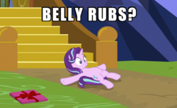 Size: 524x318 | Tagged: safe, edit, edited screencap, screencap, starlight glimmer, pony, unicorn, g4, the last problem, belly, bellyrubs, caption, cropped, female, image macro, lying down, on back, solo, surprised, text