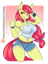 Size: 1280x1686 | Tagged: safe, artist:ambris, apple bloom, earth pony, anthro, g4, abs, adult, apple bloom's bow, apple brawn, applebucking thighs, armband, armlet, armpits, belt, biceps, big breasts, blushing, bow, bracelet, breasts, busty apple bloom, cleavage, clothes, colored pupils, confident, daisy dukes, denim shorts, ear piercing, earring, eyeshadow, female, front knot midriff, gradient background, grin, hair bow, jewelry, looking at you, makeup, midriff, muscles, muscular female, necklace, older, older apple bloom, patreon, patreon logo, piercing, raised eyebrow, sexy, shirt, shorts, simple background, smiling, smirk, smug, solo, sultry pose, tail, tank top, teenager, tomboy, torn clothes, watch, white background, wristband, wristwatch
