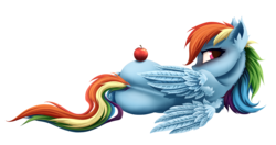 Size: 1900x1000 | Tagged: safe, artist:rainbow, rainbow dash, pegasus, pony, g4, apple, ear fluff, female, food, looking at you, looking back, looking back at you, lying down, mare, on side, rear view, simple background, transparent background