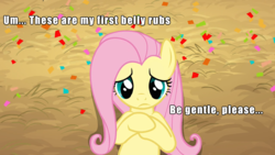 Size: 1280x720 | Tagged: safe, edit, edited screencap, screencap, fluttershy, pegasus, pony, g4, the last roundup, bellyrubs, caption, female, hooves to the chest, image macro, lying down, on back, solo, text, worried