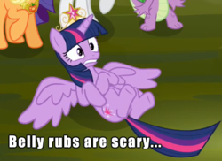 Size: 481x351 | Tagged: safe, edit, edited screencap, screencap, applejack, rarity, spike, twilight sparkle, alicorn, pony, g4, princess twilight sparkle (episode), bellyrubs, big crown thingy, caption, cropped, crown, element of honesty, element of magic, image macro, jewelry, lying down, offscreen character, on back, regalia, scared, solo focus, spread wings, text, twilight sparkle (alicorn), wings