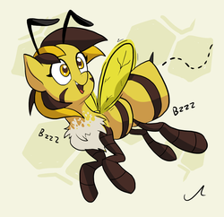 Size: 1024x990 | Tagged: safe, artist:docwario, oc, oc only, bee, bee pony, insect, original species, abstract background, bugs doing bug things, chest fluff, female, flying, smiling, solo
