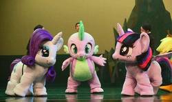 Size: 600x355 | Tagged: safe, rarity, spike, twilight sparkle, alicorn, human, g4, my little pony: crown of friendship, china, irl, irl human, photo, quadsuit, stage show, twilight sparkle (alicorn)