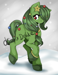 Size: 522x672 | Tagged: safe, artist:lionxdrake, oc, oc only, earth pony, object pony, original species, pony, bauble, christmas, christmas tree, earth pony oc, female, hair over one eye, holiday, mare, ponified, red eyes, snow, snowfall, solo, tree, walking