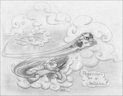 Size: 1600x1252 | Tagged: safe, artist:deathcutlet, rainbow dash, cow, g4, cloud, flying, pegacow, traditional art, udder