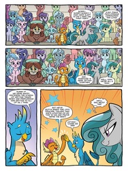 Size: 768x1024 | Tagged: safe, artist:tonyfleecs, idw, gallus, ocellus, sandbar, silverstream, smolder, swift foot, yona, classical hippogriff, earth pony, hippogriff, pony, thracian, unicorn, g4, spoiler:comic, spoiler:comicfeatsoffriendship02, background pony, best friends, claws, cloven hooves, evil grin, facade, female, folded wings, grin, high five, horns, in love, jewelry, mare, monkey swings, necklace, paws, pearl necklace, preview, shy, smiling, student six, talons, teenager, unnamed character, unnamed pony, wings, young mare