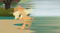 Size: 1920x1080 | Tagged: safe, screencap, applejack, earth pony, pony, friendship is magic, g4, season 1, apple, applejack's hat, cowboy hat, female, food, great moments in animation, hat, lidded eyes, mare, missing freckles, raised hoof, running, smear frame, smiling, solo, transition, tree
