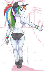 Size: 1387x2206 | Tagged: safe, artist:sumin6301, rainbow dash, equestria girls, g4, ass, butt, clothes, female, looking at you, looking back, looking back at you, ponytail, rainbutt dash, shoes, simple background, solo, sports bra, sports panties, underwear, white background