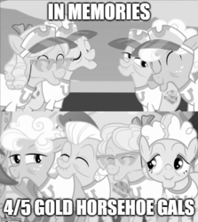 Size: 500x560 | Tagged: safe, edit, edited screencap, screencap, apple rose, auntie applesauce, goldie delicious, granny smith, earth pony, pony, g4, grannies gone wild, caption, eyes closed, female, glasses, gold horseshoe gals, grayscale, hat, image macro, mare, misspelling, monochrome, smiling, text