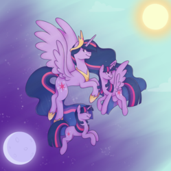 Size: 1255x1259 | Tagged: safe, artist:unicorngutz, twilight sparkle, alicorn, pony, unicorn, g4, the last problem, evolution, moon, older, older twilight, older twilight sparkle (alicorn), princess twilight 2.0, sun, twilight sparkle (alicorn), unicorn twilight