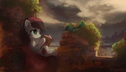 Size: 3500x2000 | Tagged: safe, artist:freeedon, oc, oc only, oc:siren, bird, pegasus, pony, book, commission, female, high res, lighthouse, looking at each other, mare, ruins, scenery, solo, water