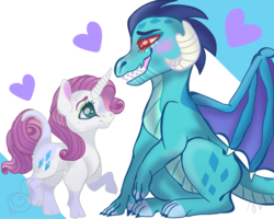 Size: 2500x2000 | Tagged: safe, artist:grateful-dead-raised, princess ember, rarity, classical unicorn, dragon, pony, unicorn, g4, cloven hooves, female, high res, horn, leonine tail, lesbian, ship:emberity, shipping