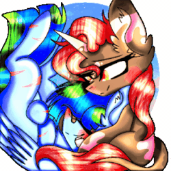 Size: 320x320 | Tagged: safe, anonymous artist, oc, oc only, oc:earth, oc:spotty lionmane, pegasus, pony, unicorn, animated, bandaid, blush sticker, blushing, eyes closed, female, gif, heart, horn, leonine tail, lesbian, scar, shipping, simple background, smiling, spotearth, spots, tail, transparent background, two toned mane, two toned tail, upside down, wings