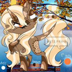Size: 800x797 | Tagged: safe, anonymous artist, oc, oc only, oc:spotty lionmane, pony, unicorn, bandaid, bench, branches, color palette, colored, female, flat colors, fluffy, hoof on chest, horn, leonine tail, looking at you, no cutie marks yet, pattern, redesign, reference sheet, ring, signature, smiling, solo, spots, tree, two toned mane