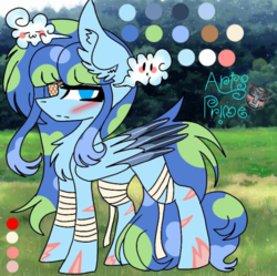 Size: 799x797 | Tagged: safe, anonymous artist, oc, oc only, oc:earth, pegasus, pony, bandage, blush sticker, blushing, cloud, color palette, colored, expressions, eyepatch, female, flat colors, fluffy, grass field, horn, injured, looking at you, poker face, redesign, reference sheet, scar, side view, signature, solo, tree, two toned mane, two toned tail, two toned wings, wings