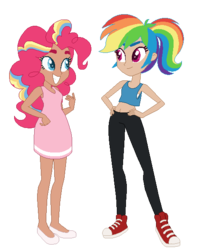Size: 477x600 | Tagged: safe, artist:selenaede, artist:unicorngutz, pinkie pie, rainbow dash, human, g4, alternate hairstyle, armpits, base used, belly button, clothes, converse, dress, female, flats, humanized, lesbian, midriff, pants, ponytail, ship:pinkiedash, shipping, shoes, simple background, sneakers, tank top, transparent background