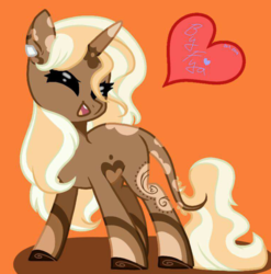 Size: 789x797 | Tagged: safe, anonymous artist, oc, oc only, oc:spotty lionmane, pony, unicorn, bandaid, colored, eyes closed, female, flat colors, head tilt, heart, horn, leonine tail, open mouth, pattern, redesign, signature, simple background, smiling, solo, spots, tail, two toned mane, two toned tail