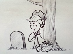 Size: 3583x2657 | Tagged: safe, artist:boogiesnar, applejack, granny smith, earth pony, pony, g4, the last problem, black and white, clothes, female, granny smith's shawl, grave, grayscale, high res, implied death, implied granny smith, inktober, mare, monochrome, older, sad, sitting, tree