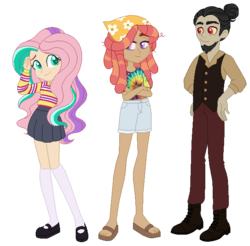 Size: 637x628 | Tagged: safe, artist:selenaede, artist:unicorngutz, discord, fluttershy, tree hugger, human, g4, alternate hairstyle, bandana, base used, beard, bisexual, boots, clothes, discord gets all the mares, facial hair, feet, female, flats, humanized, jeans, lesbian, male, mary janes, pants, pleated skirt, polyamory, sandals, ship:discoshy, ship:flutterhugger, shipping, shirt, shoes, shorts, simple background, skirt, socks, stockings, straight, sweater, t-shirt, thigh highs, transparent background, treecord, treecordshy, vest, zettai ryouiki