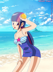 Size: 1117x1500 | Tagged: safe, artist:gonzalossj3, twilight sparkle, human, g4, armpits, beach, clothes, cloud, dragon ball, dragon ball z, equestria girls outfit, female, humanized, ocean, sand, solo, style emulation, swimsuit