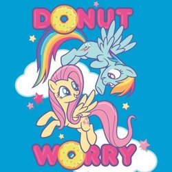 Size: 352x352 | Tagged: safe, artist:mylittleponyjpn, fluttershy, rainbow dash, pegasus, pony, g4, official, carefree, donut, flying, food, needs more jpeg, pun