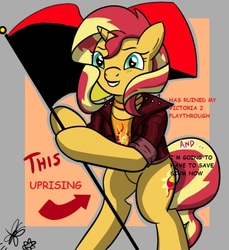 Size: 550x600 | Tagged: safe, artist:thedrizzle404, edit, edited edit, sunset shimmer, pony, unicorn, g4, anarcho-syndicalism, arrow, bipedal, choker, clothes, edit of an edit of an edit, female, flag, flag pole, grin, hoof hold, jacket, jewelry, leather jacket, looking at you, mare, meme, signature, smiling, solo, squee, standing upright, text, this cat is gay and there's nothing you can do about it, victoria 2, video game